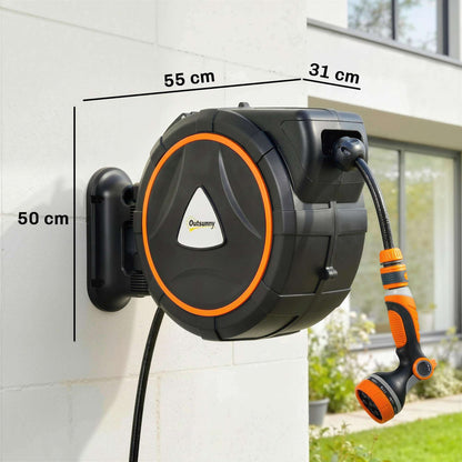 23+2m Retractable Garden Hose Reel | Auto-Retract & Self-Locking Slow Rewind | Wall-Mount or Portable | 2 Nozzles 12 Spray Modes | 120 PSI | UV & Corrosion-Resistant PP | 55x31x50cm | Orange