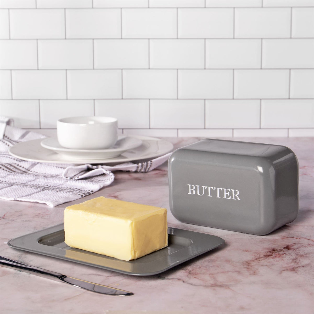 Maison & White Butter Dish with Lid | Grey Enamel-Coated Steel | Vintage-Style Covered Serving Tray | 20 × 14.5 × 7.5cm