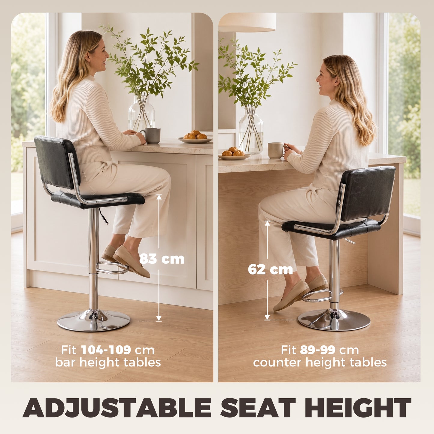 PU Leather Adjustable Bar Stools | Set of 2 | Square Tufted Backrest | Footrest | 62–83cm Height | Kitchen Island | Black