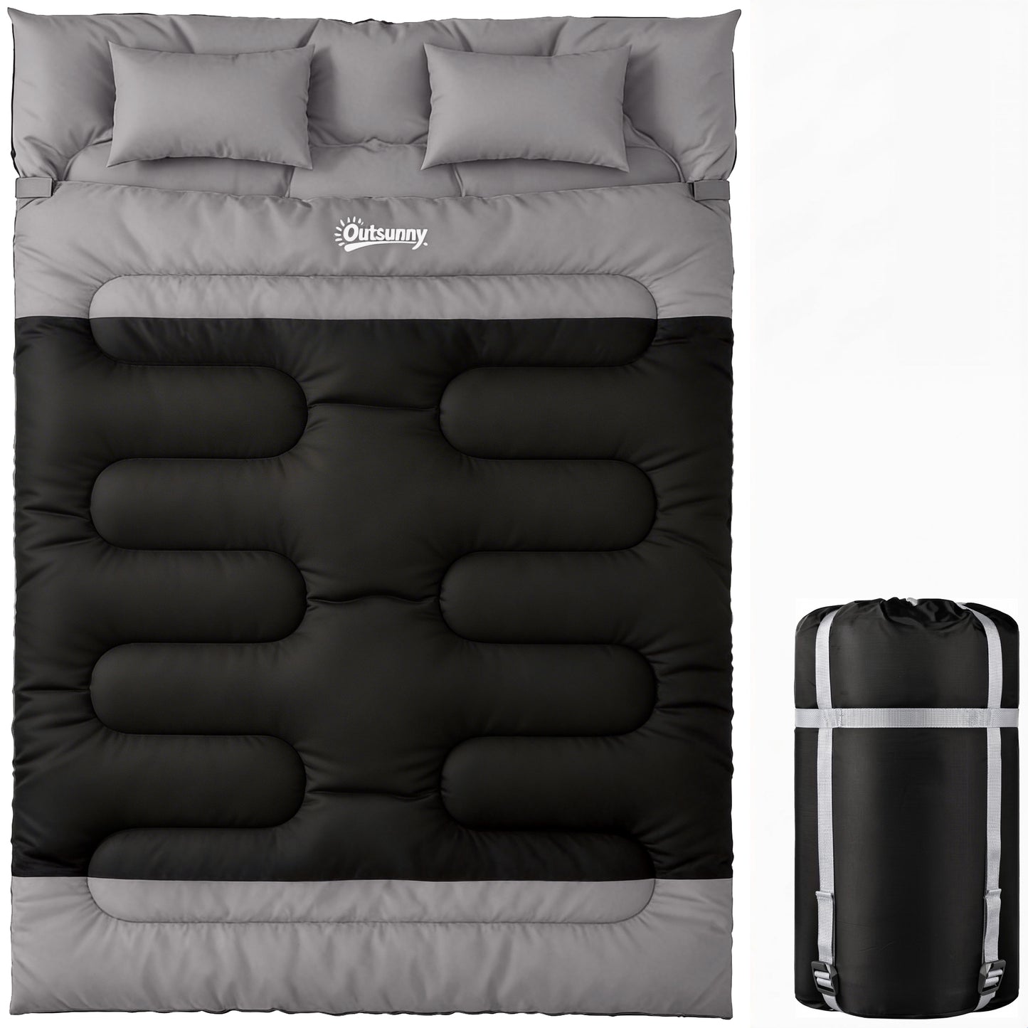 Outsunny Double Sleeping Bag with 2 Pillows, 220 x 160 cm Extra-Large Sleeping Bag for Adults