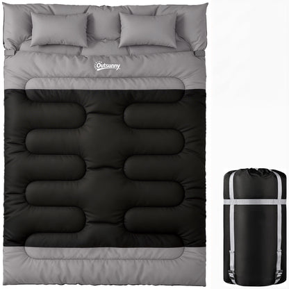 Outsunny Double Sleeping Bag with 2 Pillows, 220 x 160 cm Extra-Large Sleeping Bag for Adults