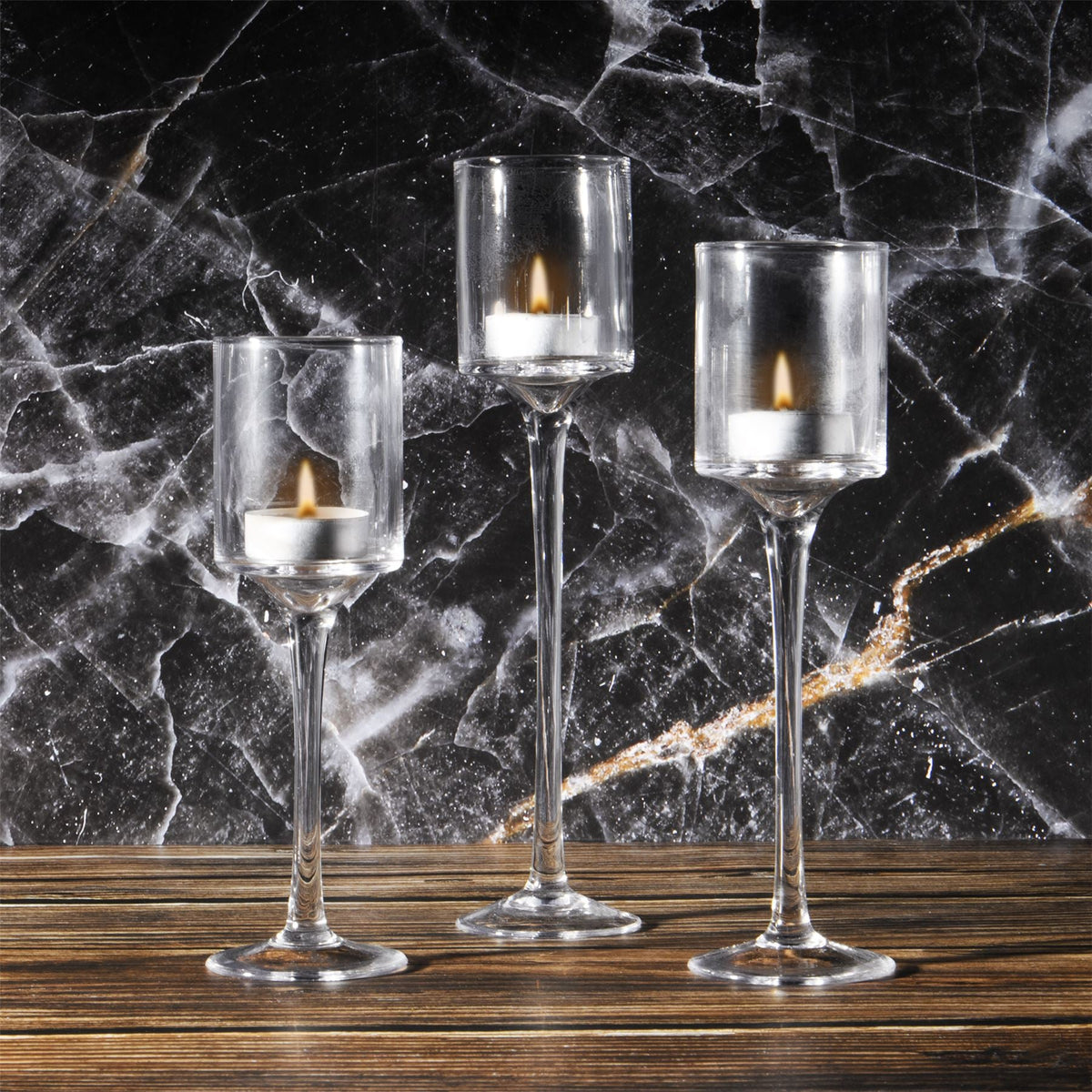 Maison & White Set of 3 Glass Tea Light Candle Holders | Stepped Heights 20cm 23cm 26cm | 6cm Diameter | Fits Tea Lights LED Candles | Dinner Table Wedding Fireplace | 2-Year Warranty