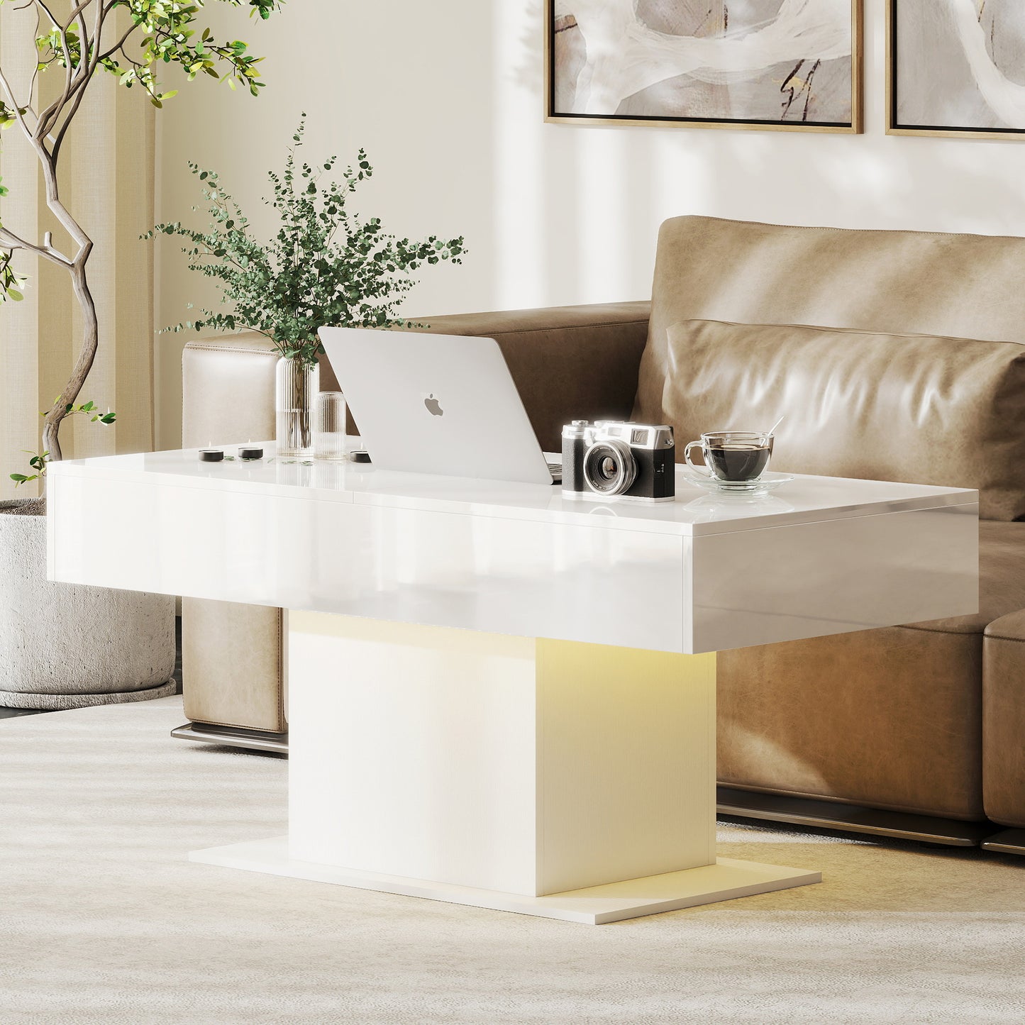 Extendable Coffee Table with LED Lights and Storage - High Gloss White