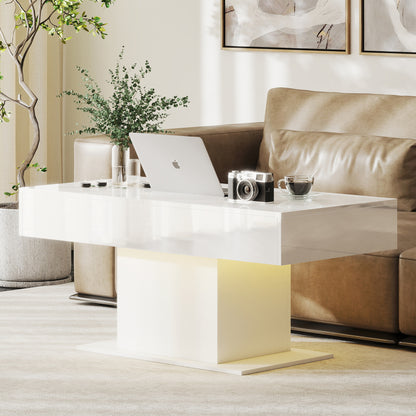 Extendable Coffee Table with LED Lights and Storage - High Gloss White