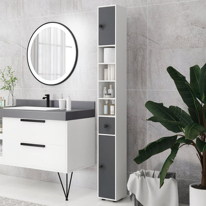 Kleankin 180cm Tall Slim Bathroom Cabinet, Narrow Toilet Roll Storage with Open Shelves, 2 Door Cabinets, Adjustable Shelves, for Kitchen, Hallway, Living Room, Grey