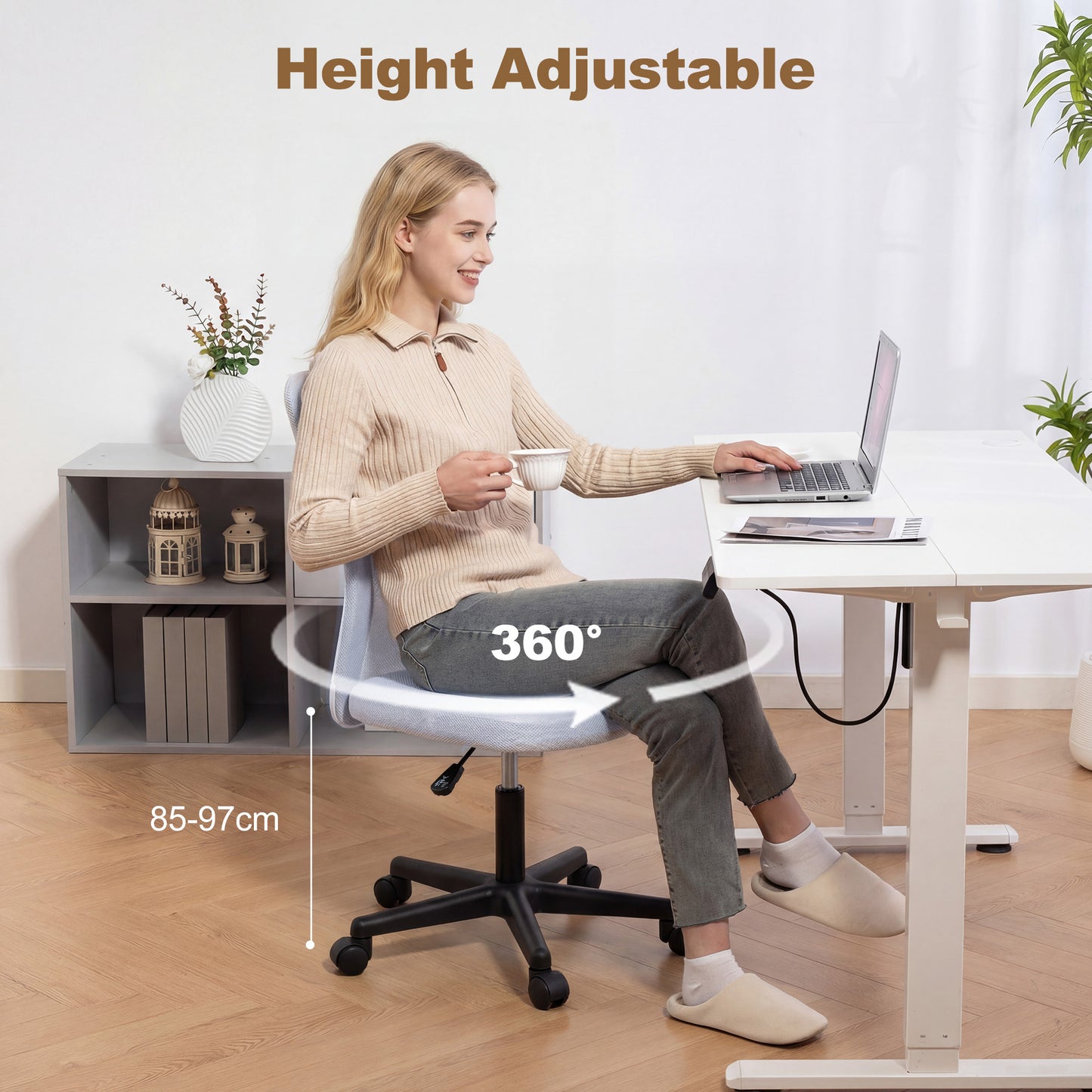 Armless Mesh Office Chair | 360° Swivel | Adjustable Height 40-52cm | 6cm Padded Seat | Breathable Mesh Back | 120kg | Space Saving | White