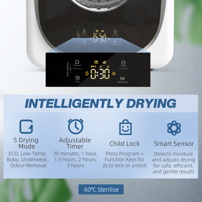 4kg Vented Tumble Dryer, 800W Compact Freestanding with 5 Drying Mode, Smart Sensor, Timer and Stainless Steel Tub, Wall-Mounted Portable Small Clothes Drying Machine, White