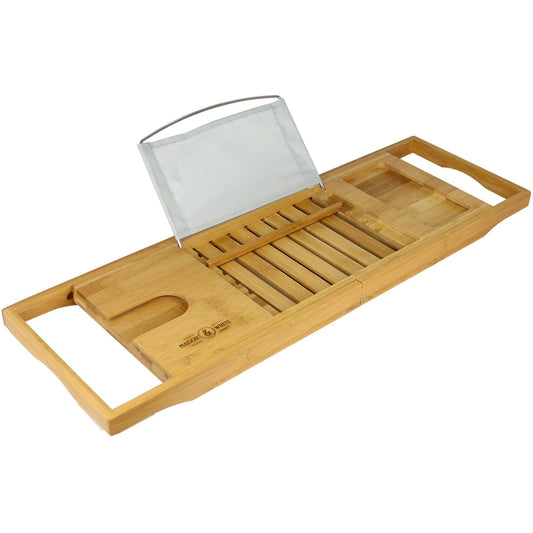 Maison & White Extendable Bamboo Bath Caddy | Adjustable 70.5–105cm | Wine Glass Holder | Smartphone Slot | Tablet & Book Rest | Non-Slip Feet | Natural Bamboo | 2-Year Warranty