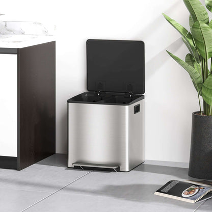 30L Dual Compartment Pedal Bin | Stainless Steel | 2x15L | Removable Buckets | Deodoriser Holders | Stay-Open | No Assembly | Silver