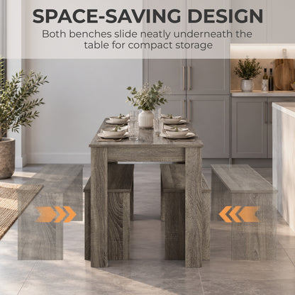 3 Piece Dining Table & 2 Bench Set | 110 x 70cm Table | Tuck-Under Seating for Up to 4 | Grey Wood Effect