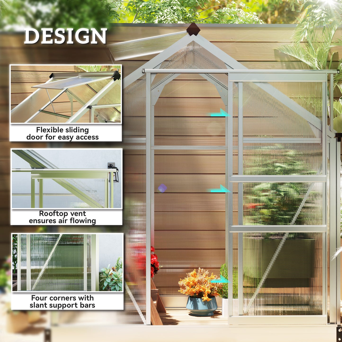 Walk-In Polycarbonate Greenhouse | 6x4ft | Aluminium Frame | Sliding Door | Roof Vent | 40kg/m² Snow Load | Silver