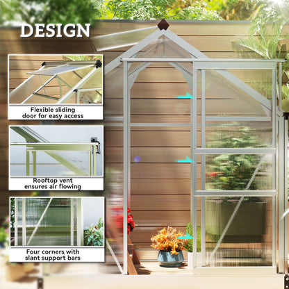 Walk-In Polycarbonate Greenhouse | 6x4ft | Aluminium Frame | Sliding Door | Roof Vent | 40kg/m² Snow Load | Silver