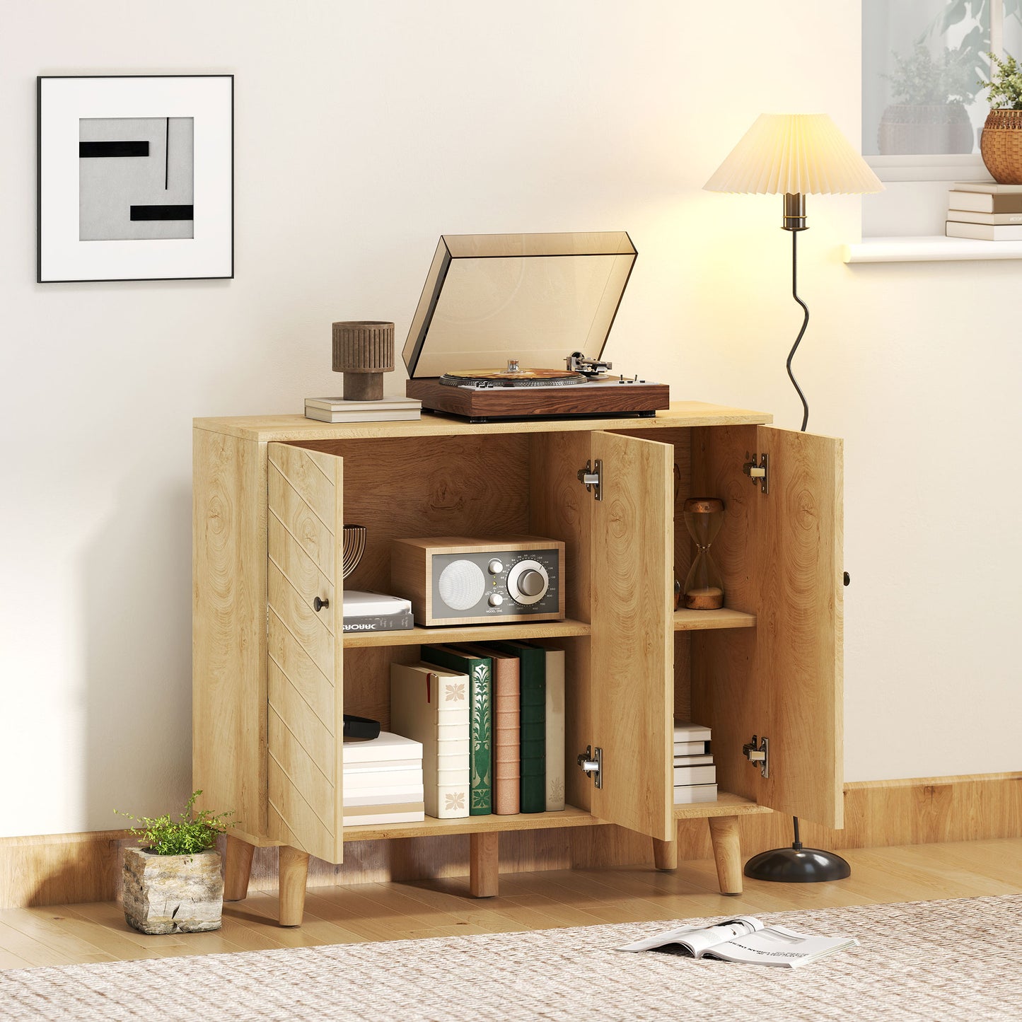 Vintage Sideboard with Chevron Doors and Pine Wood Legs for Living Room, Kitchen