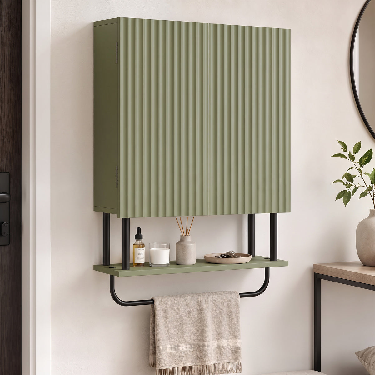 Bathroom Wall Cabinet | Modern Space Saver | Wall Mounted | Double Door Storage | Open Shelf | Towel Rail | Green