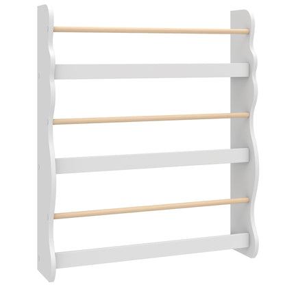 AIYAPLAY White 3-Tier Kids Bookshelf | 60cm Wide Slim Book Display with Pine-Tone Rails | Wall-Fixed Design | Ages 3–8