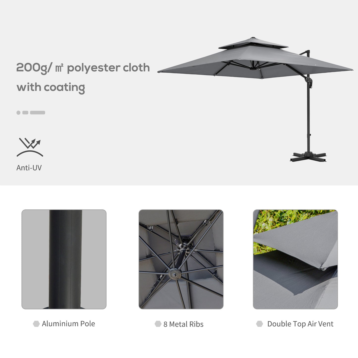 Outsunny 3 x 3(m) Cantilever Parasol with Aluminium Frame, Crank and Tilt, 360° Rotation, Double Top Garden Umbrella with Base and Cover, Light Grey