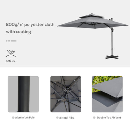 Outsunny 3 x 3(m) Cantilever Parasol with Aluminium Frame, Crank and Tilt, 360° Rotation, Double Top Garden Umbrella with Base and Cover, Light Grey