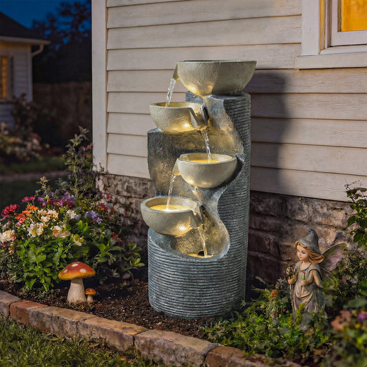 5-Tier Artisan Stone-Finish Resin Waterfall Fountain | LED Lights | Adjustable Flow | 22-25L | UK Plug | 230V | 3m Cable | 33x31x80cm | Indoor & Outdoor | Garden & Patio | Mixed Colour