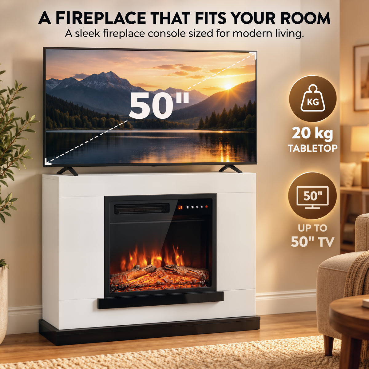 80cm Freestanding Electric Fireplace Suite | 900/1800W, Log Effect, 5 Brightness & Speed Settings | Remote, 8-Hour Timer & White Surround