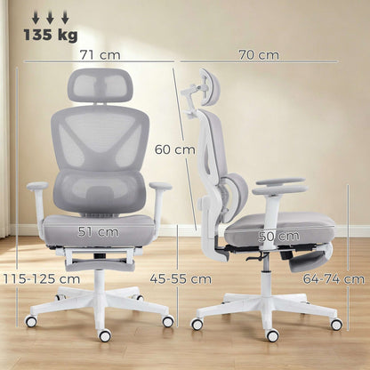 Ergonomic Office Chair | Adjustable Headrest | 3D Armrests | Lumbar Support | 135° Recline | Footrest | Breathable Mesh | 135kg | Grey