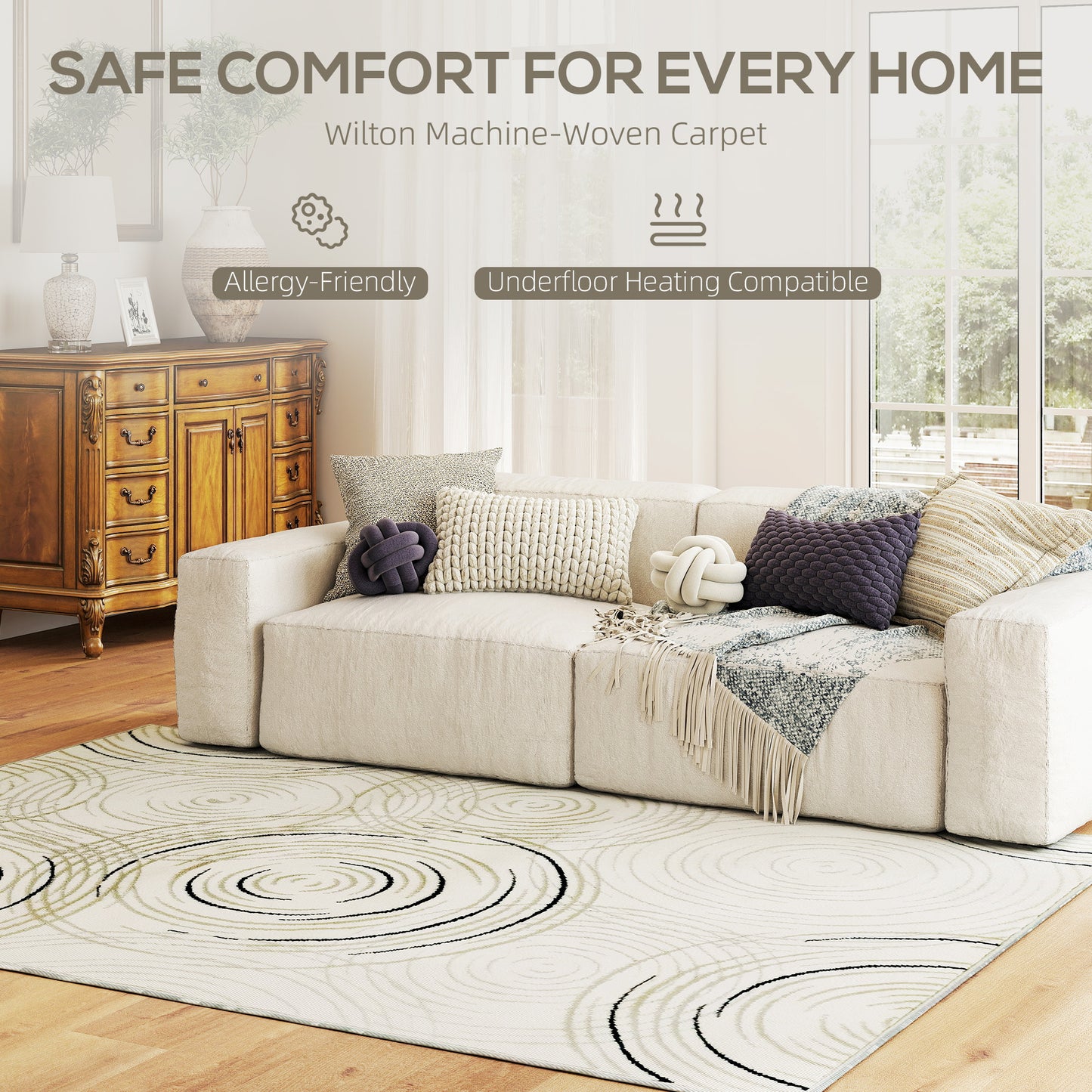 Modern Area Rug, Machine Washable Rug, Allergy-Friendly Floor Carpet for Living Room, Bedroom, Dining Room, Home Office, 170 x 120 cm, Cream White