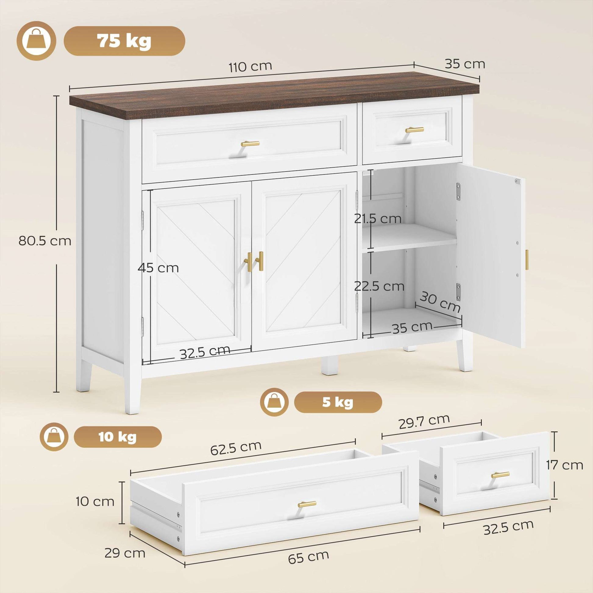 Modern Sideboard | 3 Doors & 2 Drawers | 3-Position Adjustable Shelves | Gold Alloy Handles | Anti-Tipping Straps | Water-Resistant | 75kg Capacity | 110x35x80.5cm | White & Brown Wood Effect