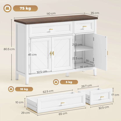 Modern Sideboard | 3 Doors & 2 Drawers | 3-Position Adjustable Shelves | Gold Alloy Handles | Anti-Tipping Straps | Water-Resistant | 75kg Capacity | 110x35x80.5cm | White & Brown Wood Effect