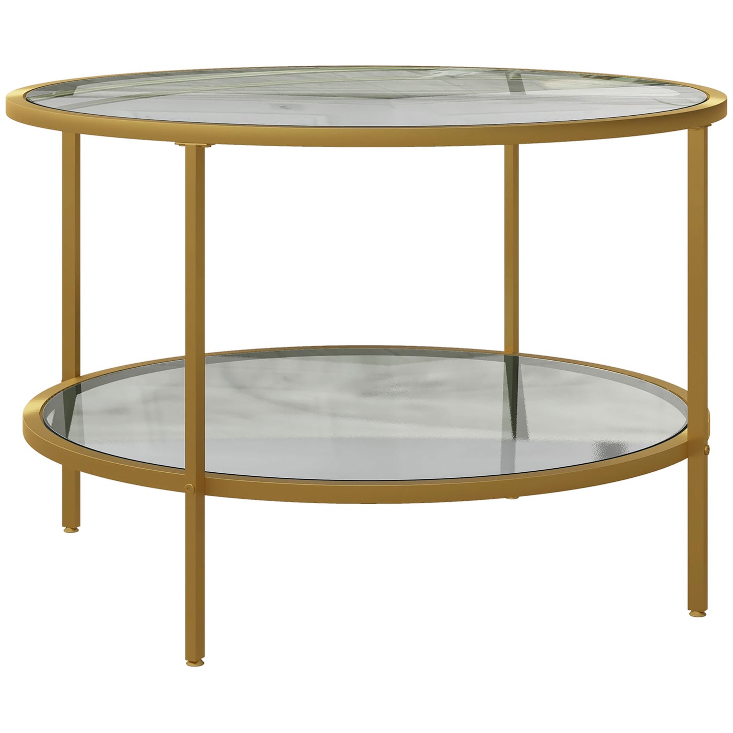 Round Coffee Table with Storage, 2-Tier Tempered Glass Coffee Table with Steel Frame for Living Room, Gold Tone