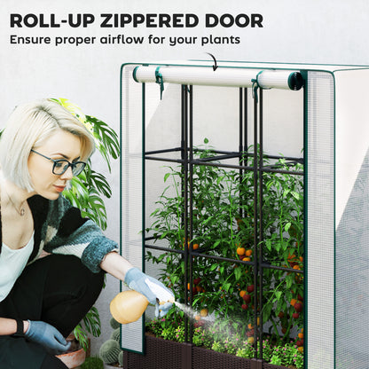 PP Raised Garden Bed with Trellis & PE Greenhouse Cover | Zipped Roll-Up Door | Drainage Holes & Plugs | 75kg | 120x40x140cm | Climbing Plants Veg & Flowers | Brown