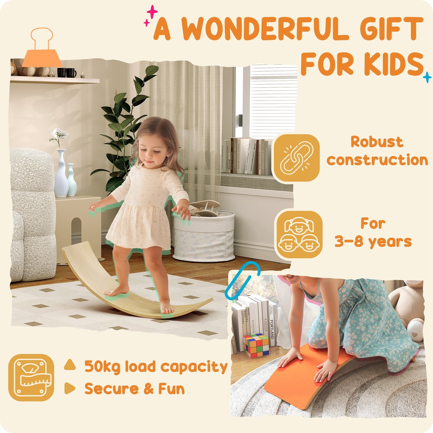 AIYAPLAY Wooden Balance Board for Kids, Wobble Board with Silent Felt for Sensory Play, Orange / Blue