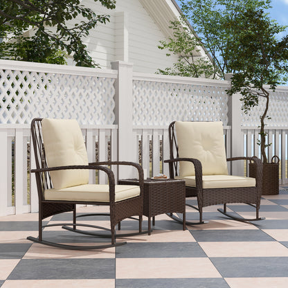 3 Piece Rattan Rocking Chair Bistro Set | 2 High Back Rocking Chairs | Tempered Glass Table | 16cm Back Cushion | 8cm Seat Cushion | 120kg | Brown