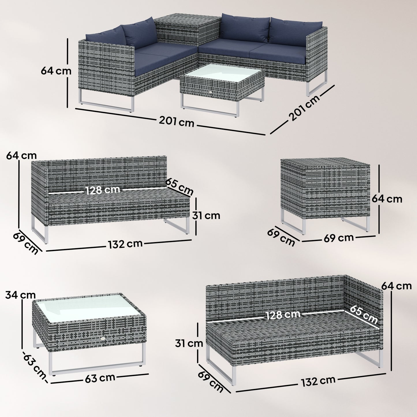 4 Piece L-Shaped Rattan Corner Garden Sofa Set | 2 Loveseats | Storage Trunk | Coffee Table | Tempered Glass | Padded Cushions | Washable Covers | PE Wicker | Dark Blue