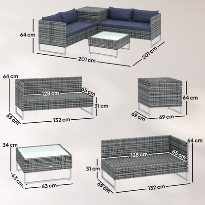 4 Piece L-Shaped Rattan Corner Garden Sofa Set | 2 Loveseats | Storage Trunk | Coffee Table | Tempered Glass | Padded Cushions | Washable Covers | PE Wicker | Dark Blue