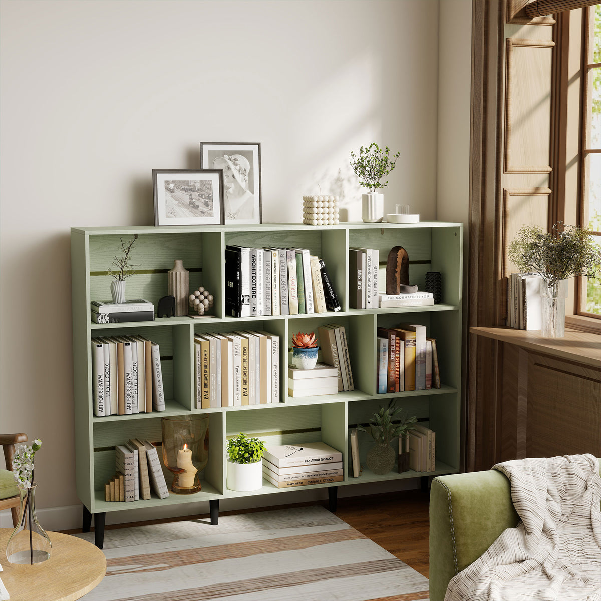 Cube Bookcase | 10-Cube Light Green & White 3-Tier Open Storage Shelf with Pine Legs