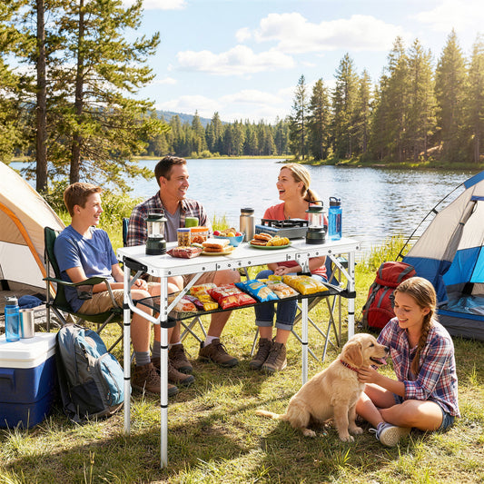 3ft Folding Camping Picnic Table | Tri-Fold | 90x40cm | Water Repellent MDF Top | Mesh Storage Layer | Carry Bag | 35kg | Cream White