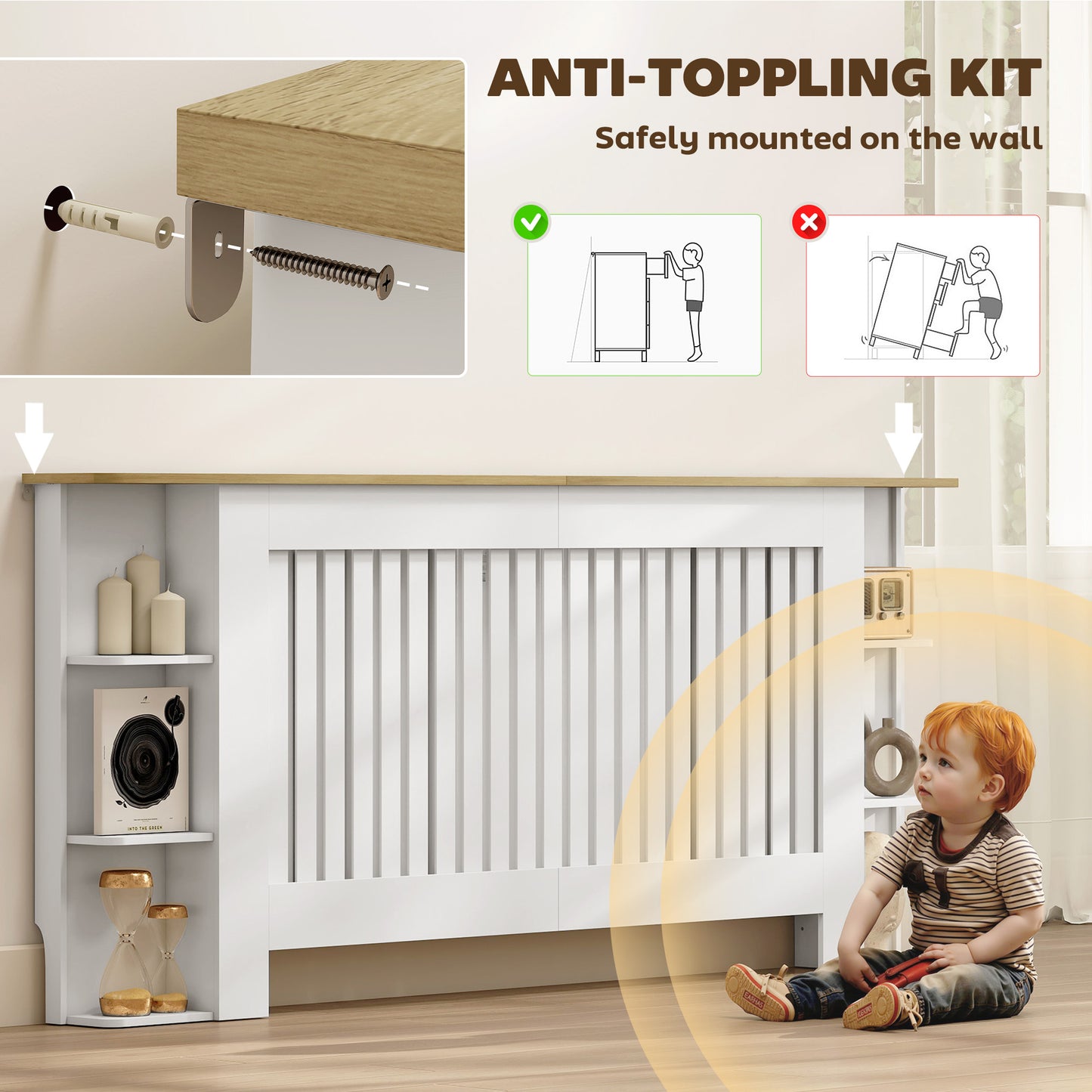 Radiator Cover with Open Storage Shelves, Vertical Slatted Cabinet Shelf Heater Cover for Living Room, Hallway, Extra Large, White (H: 83 / W: 191 / D: 19 cm)