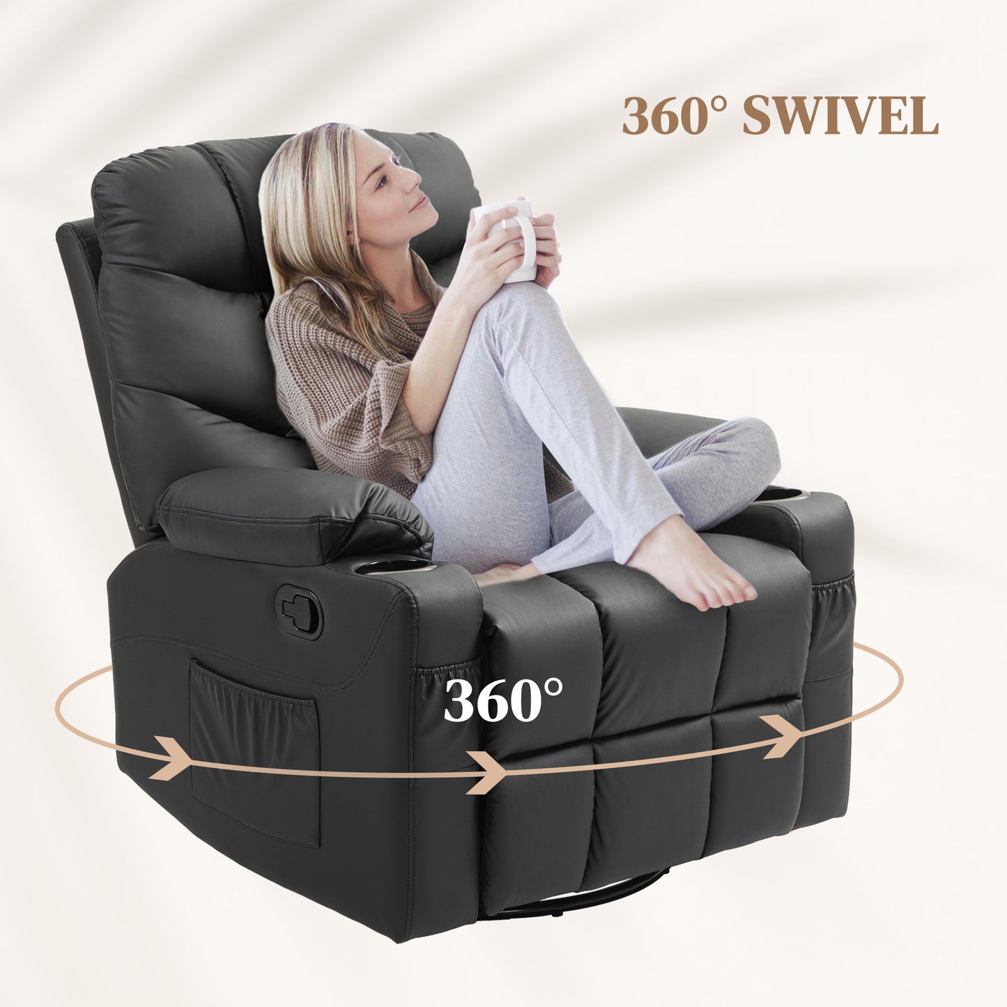 Manual Reclining Chair, Recliner Armchair with Swivel, Faux Leather, Footrest, Cup Holders, 86x93x102cm, Black