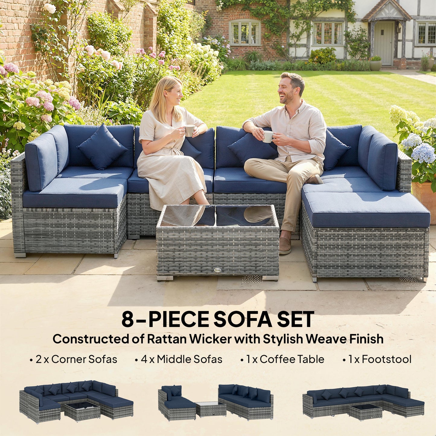 8-Piece Modular PE Rattan Corner Sofa Set | 2 Corner & 4 Middle Seats | Footstool | Tempered Glass Coffee Table | Thick Cushions | 4 Coloured Pillows | Protective Cover | Adjustable Foot Pads | 120kg Per Seat | Dark Blue