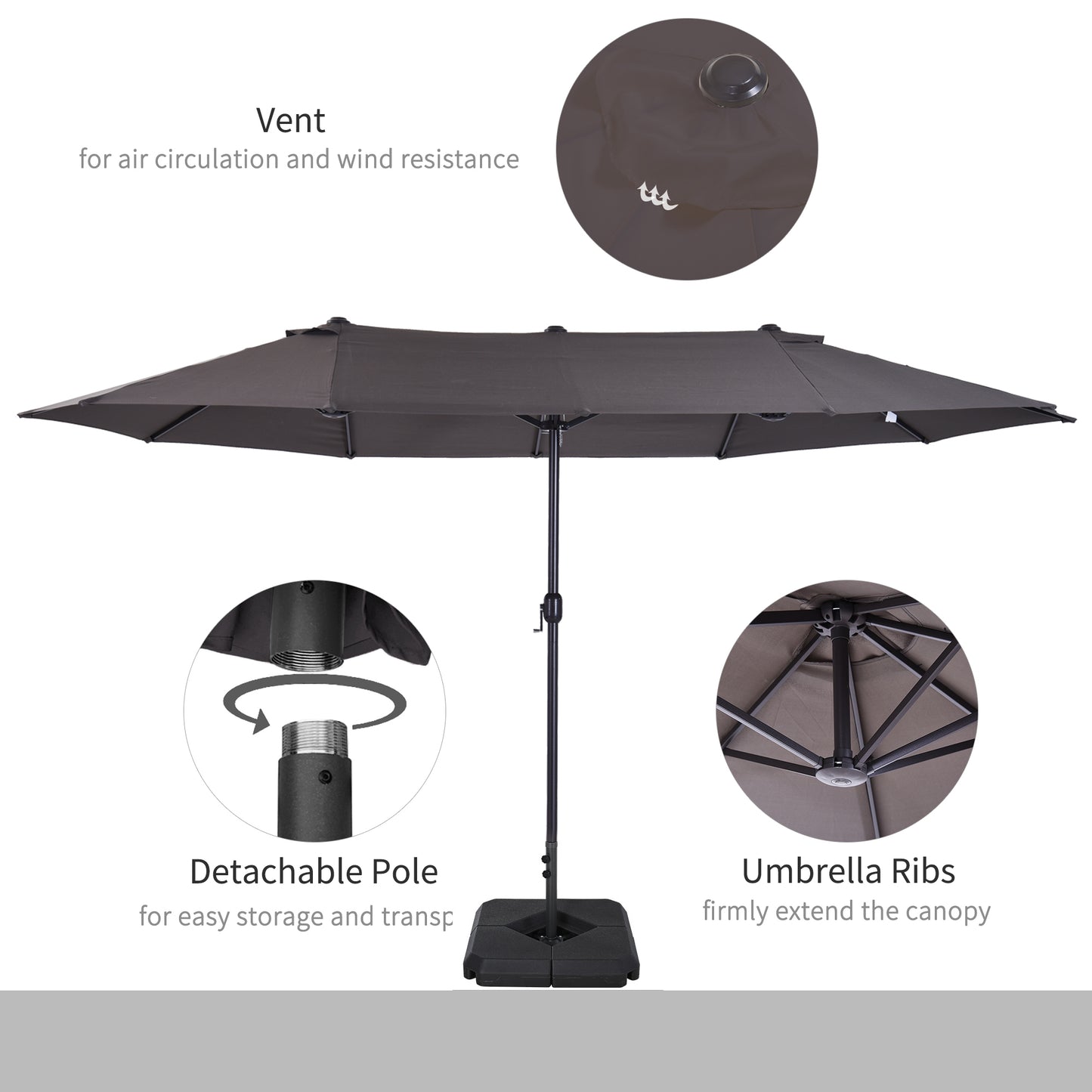 Outsunny 4.6m Garden Parasol Double-Sided Sun Umbrella Patio Market Shelter Canopy Shade with Umbrella Stand, Grey