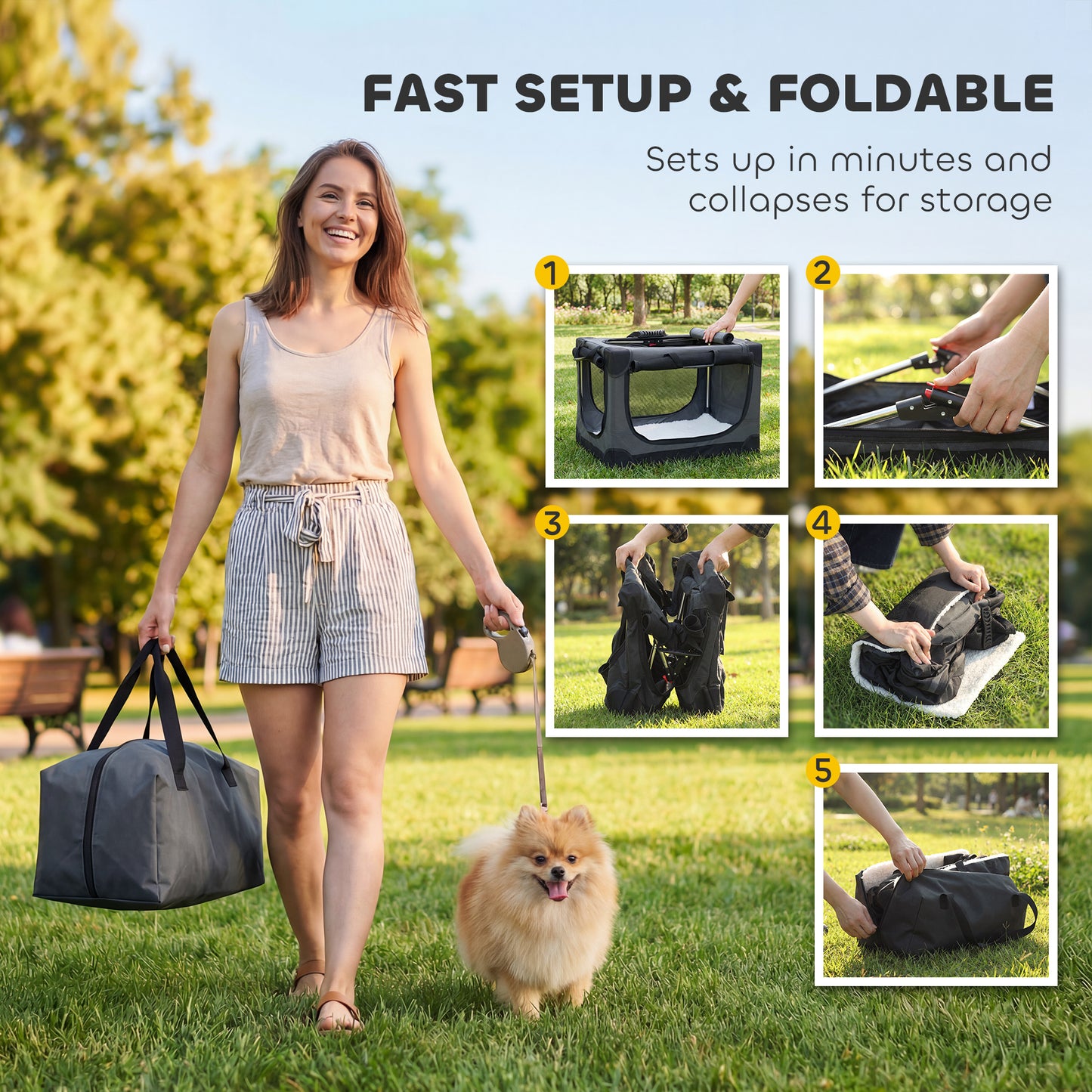 Soft Dog Crate | Pop-Up 8-Rod Frame | 3-Sided Mesh | Full-Zip Closure | Removable Washable Pad | Folds to 42 x 20 x 20cm | Small Dogs up to 4kg | Army Green