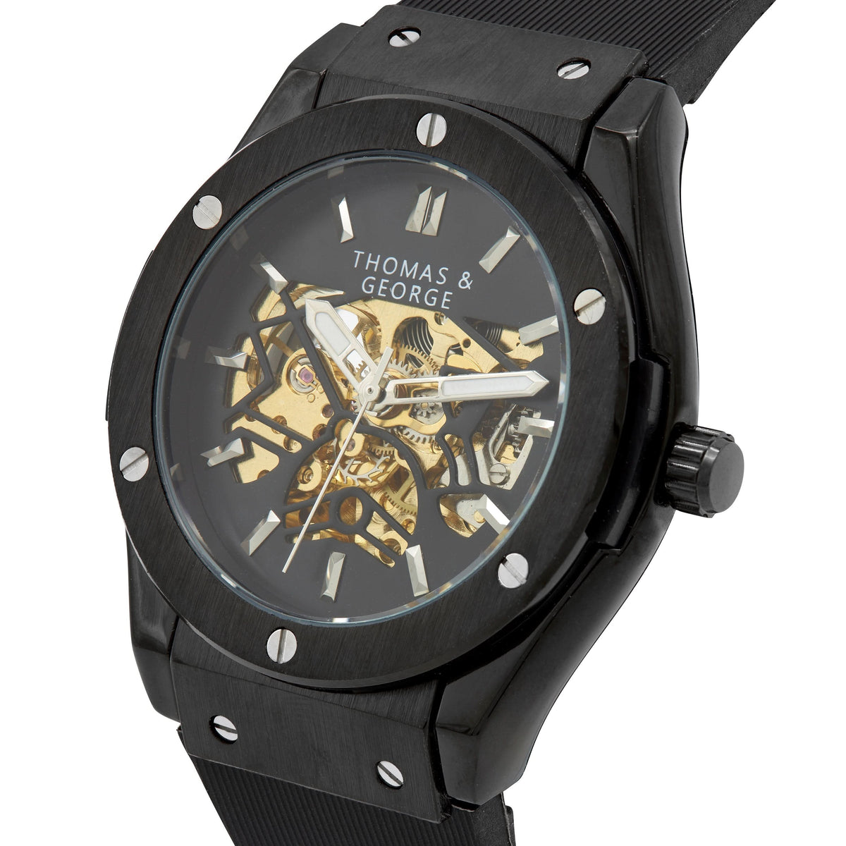 Thomas & George Norway Black Edition Automatic Skeleton Watch | 42mm Black Alloy Case & Open-Work Dial | Flexible Silicone Strap | Optional Luxury Box