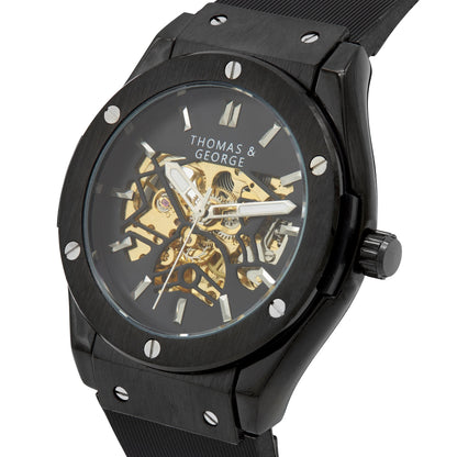 Thomas & George Norway Black Edition Automatic Skeleton Watch | 42mm Black Alloy Case & Open-Work Dial | Flexible Silicone Strap | Optional Luxury Box