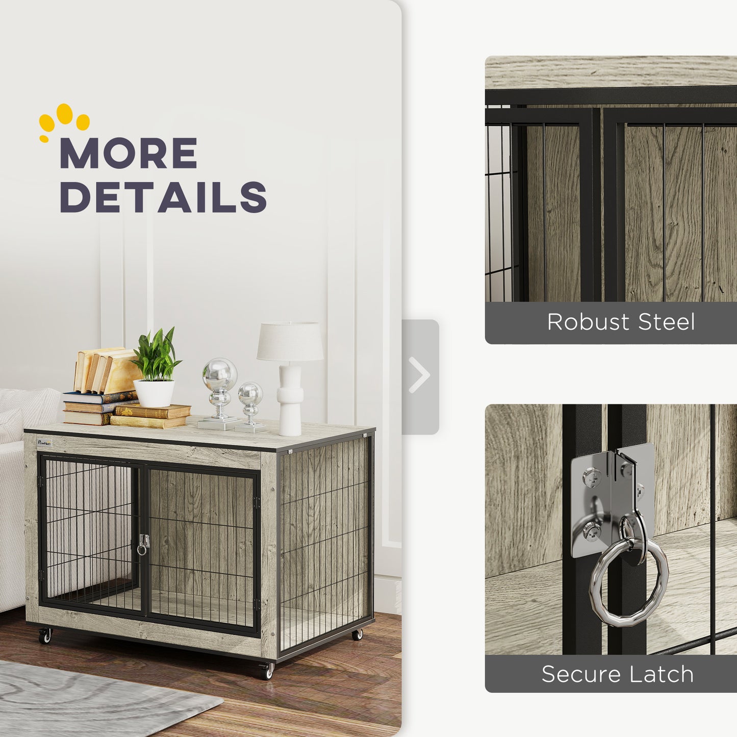 Dog Crate Furniture Side Table with Wheels | Double Doors | Interchangeable Side Door | Medium Dogs up to 20kg | 80 x 56 x 62.5cm | Grey