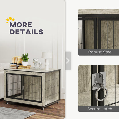 Dog Crate Furniture Side Table with Wheels | Double Doors | Interchangeable Side Door | Medium Dogs up to 20kg | 80 x 56 x 62.5cm | Grey