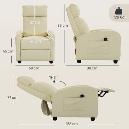 PU Leather Reclining Massage Armchair | 8 Modes 5 Intensity Levels | 2 Vibration Points | 150° Recline with Footrest | Remote Control | Side Pocket | 120kg | 68x88x98cm | Cream / Brown