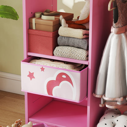 AIYAPLAY Kids Clothes Rail, Kids Wardrobe with Mirror, Shelves, Fabric Storage and Hooks for Bedroom, Nursery, Pink
