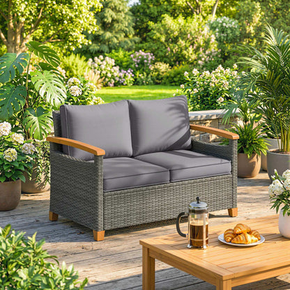 2 Seater Rattan Garden Sofa | Acacia Wood Armrests | Thick Cushions | Powder Coated Steel | Adjustable Feet | 124x74x79cm | 240kg | Dark Grey