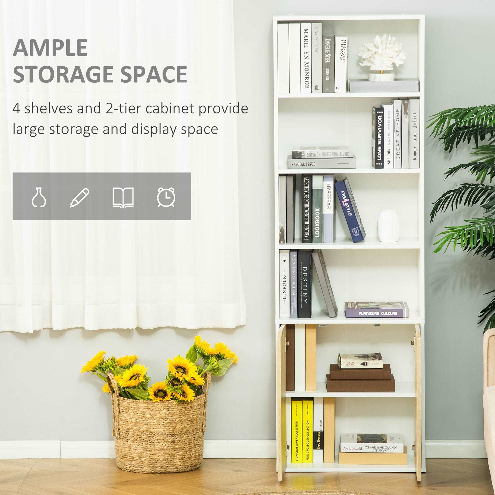 2 Door 4 Shelves Tall Bookcase Modern Storage Cupboard Display Unit for Living Room Study Bedroom Home Office Furniture White and Oak