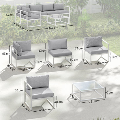 6-Piece Modular Aluminium Garden Sofa Set | Corner, 2 Middle & 2 Side Sofas | Tempered Glass Coffee Table | 10cm Seat & 18cm Back Cushions | Washable Covers | White Frame | Light Grey | 267x135x63cm
