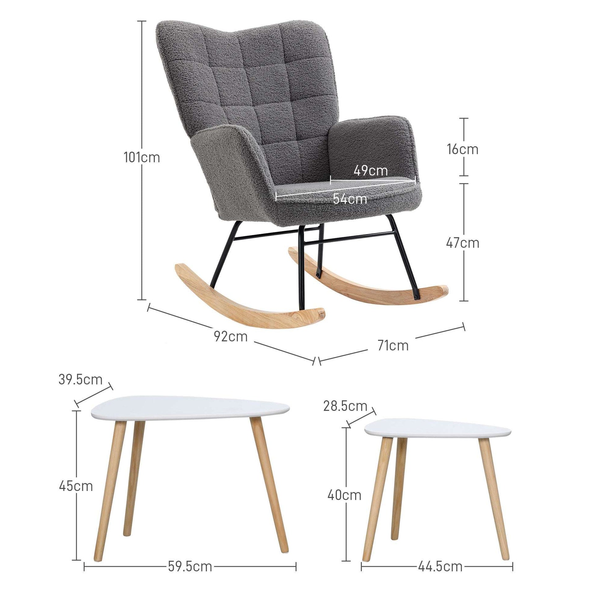 Wingback Rocking Chair & 2 Nesting Coffee Tables Set | Soft Fleecy Upholstery | High Back | Wooden Rocking Base | Scandi-Style Legs | MDF Tabletops | 120kg Capacity | White & Dark Grey